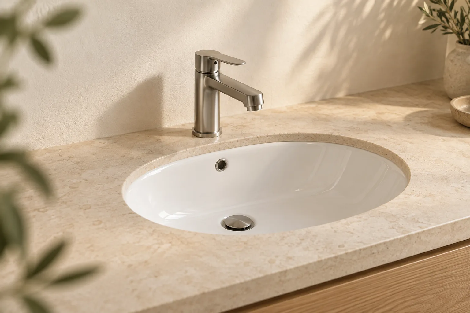 Aixeta monocomandament i lavabo blanc sobre un taulell de pedra clara.